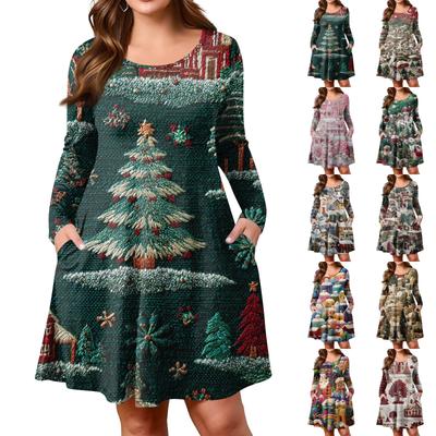 Vestido Casual de Talla Grande para Mujer con Estampado Degradado, Bolsillo, Cuello Redondo y Manga Larga para Primavera/Otoño