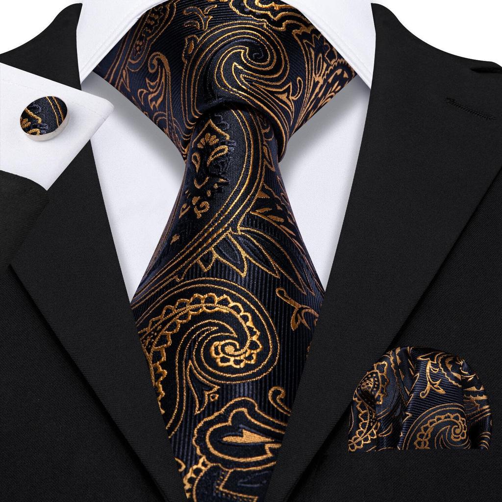Barry.Wang Gold Black Jacquare Ties Fashion Set Hanky Cufflinks Neckties for Men Woven Silk