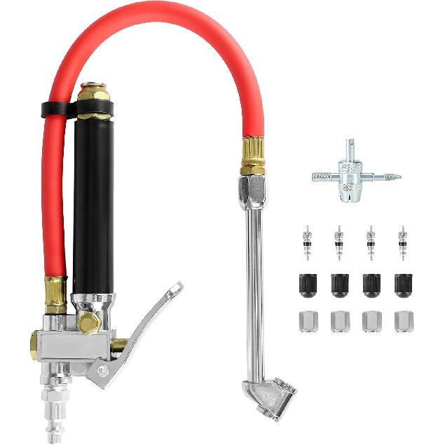 QWORK 10-120 PSI Tire Inflator Gauge - Dual Head Chuck, 12-Inch Hose, Leak-Free Valve Core, Chrome-Plated Cast Steel, With 4 Way Tool And Valve Cores