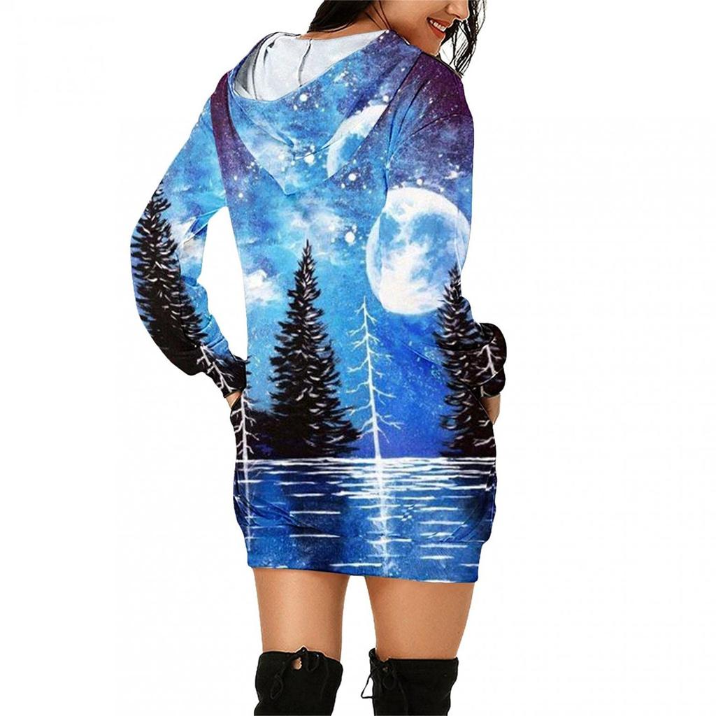 Women's Fashion Casual Print Long Sleeve Pocket Pullover Hooded Blouse Top