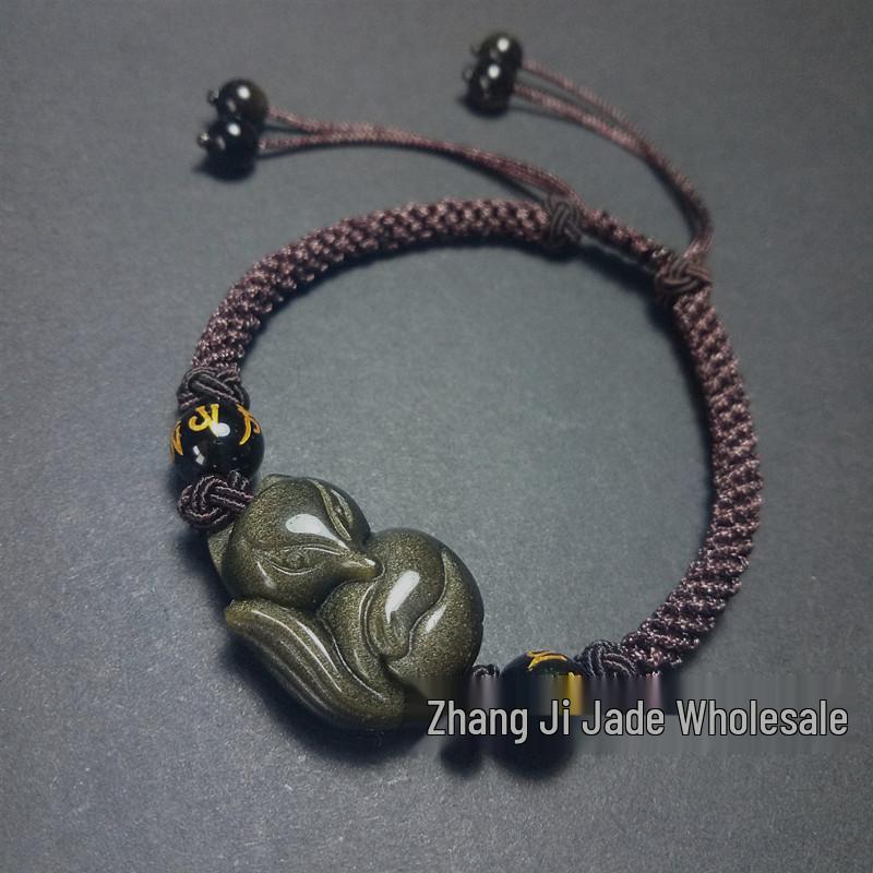 Golden Obsidian Fox Bracelet with Red String Woven for Marriage