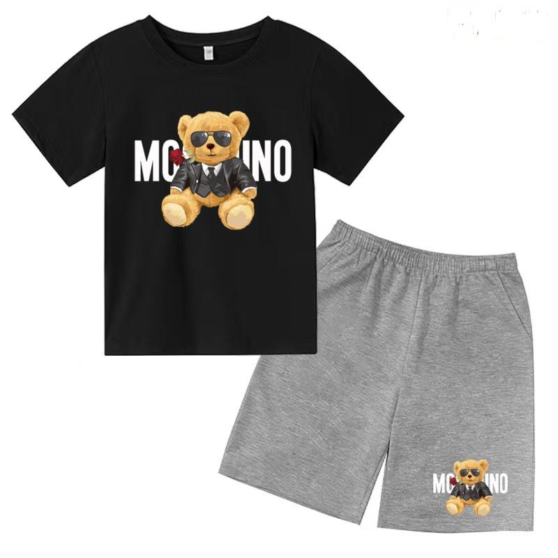 Children Summer Charming Rose Letter Bear Print T-shirt+Shorts Set Boys Girls Casual Toddler Sports First Choice Clothes