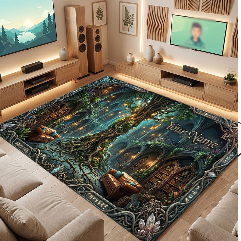 Nature Library Travel Theme Crystal Velvet Floor Rug Personalized Custom Name Text Warm Carpet Home Decoration