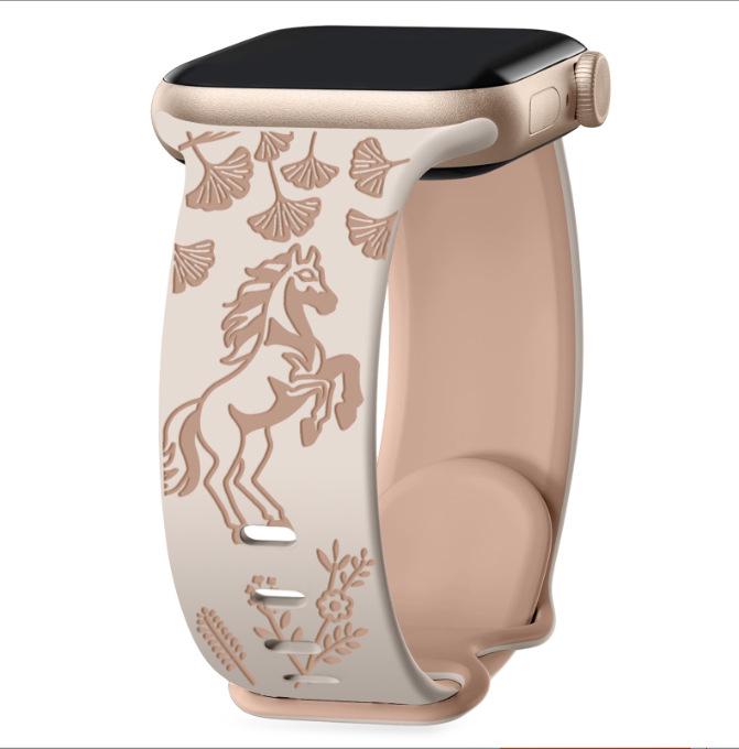 Совместимый ремешок для Apple Watch (Серия 1-10) с разноцветной пряжкой-бабочкой - Двухцветный силиконовый дизайн с цветочными и конными узорами