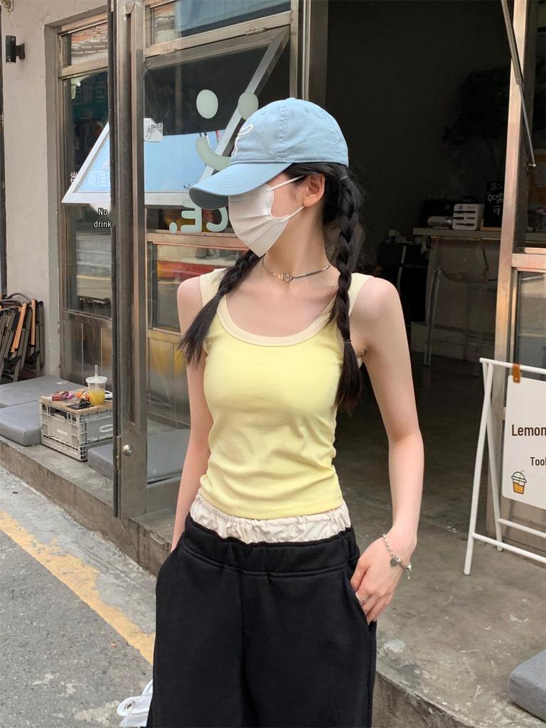 Summer Korean Slim-fit Square Neck Color-Contrast Vest with Chest Pads for Women