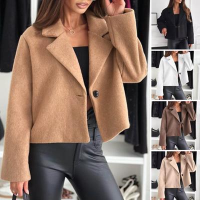 Women Woolen Jacket Turn-down Collar Solid Color Single Button Closure Coat Loose