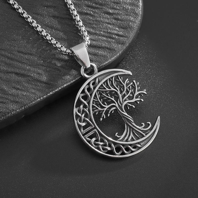Nordic World Tree Celtic Knot Moon Tree of Life Pendant Necklace Lucky Amulet Jewelry Gift for Men and Women