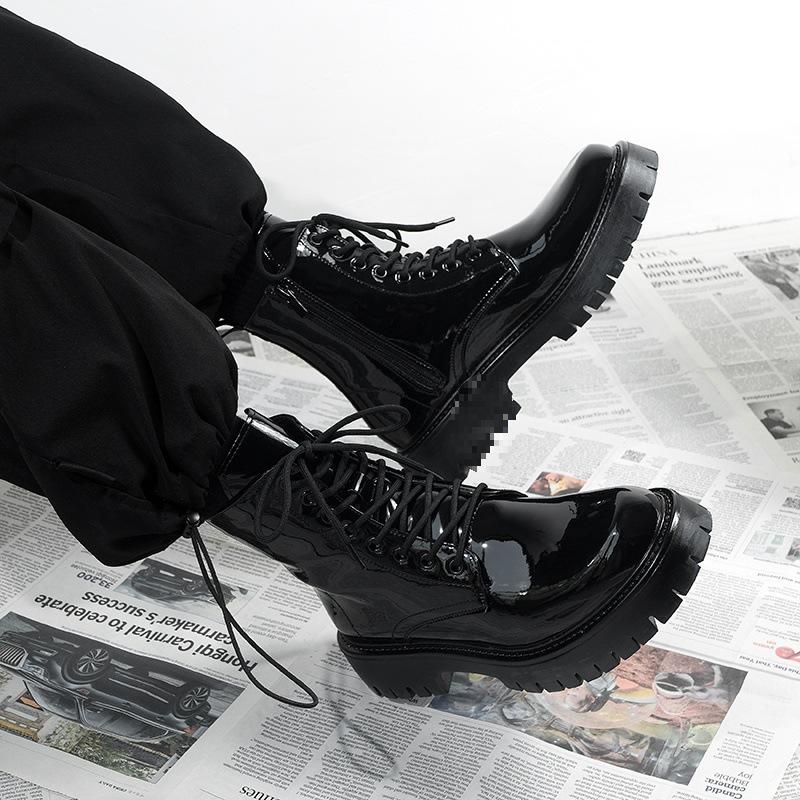 Martin Boots Men's Black High-top Leather Shoes 2 New Medium-top Locomotive Boots Boys Heightening Leather Boots