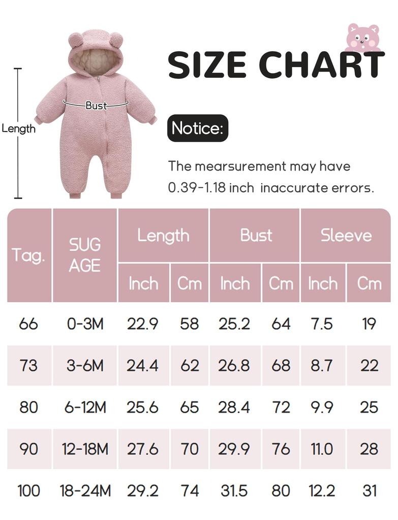 AIEOE Baby Long Sleeve Down Jumpsuit for Boys and Newborn Cute Bear Easy To Baby Shower Size 80 Coverall, Autumn/Winter, Romper, Girls, Hooded,