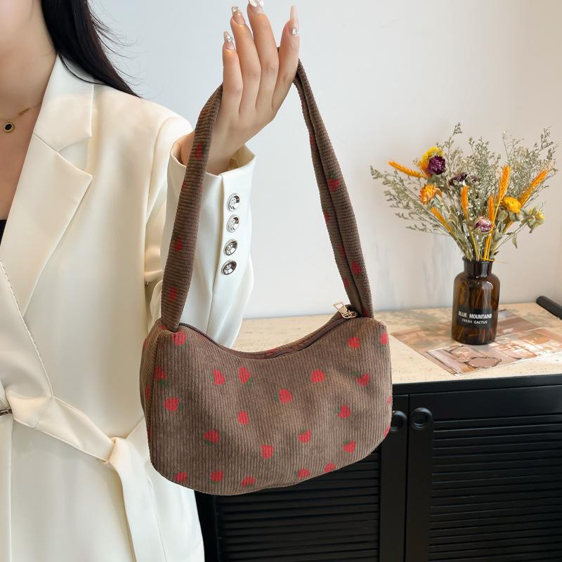 Korean-Style Strawberry Print Corduroy Handbag - 2025 Autumn Collection