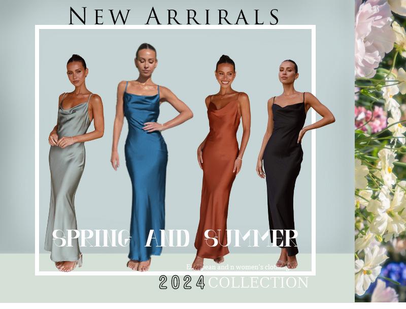 Women's Urban Fashion Solid Color Dress with Deep V-neck, Slim Fit, and Spaghetti Straps for Spring/Summer 2024.