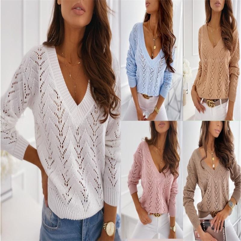 

Solid Color Mocha Hollow V-neck Sweater Sweater XXXL білий