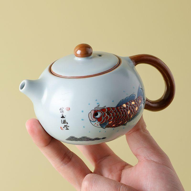 Tianqing Ru Kiln Gongfu Tea Set, Household Ceramic TeaPot and TeaCup, One Pot and Two Cups