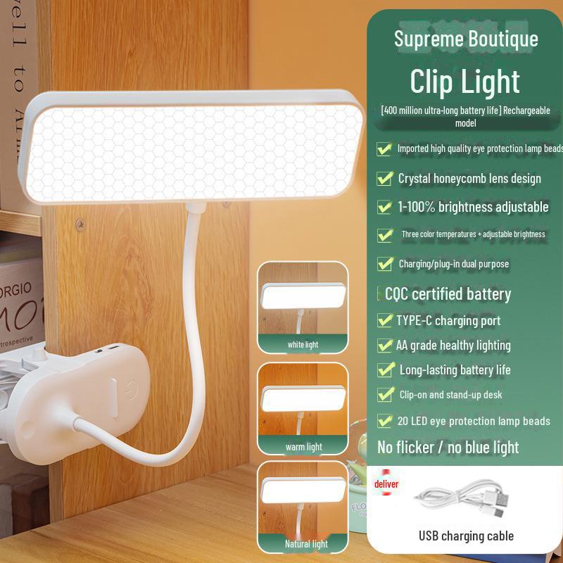 Rechargeable Clip-on LED Desk Lamp for Eye Protection - Ideal for Studying, Reading, and Bedside Use in Student Dorms, Children's Rooms