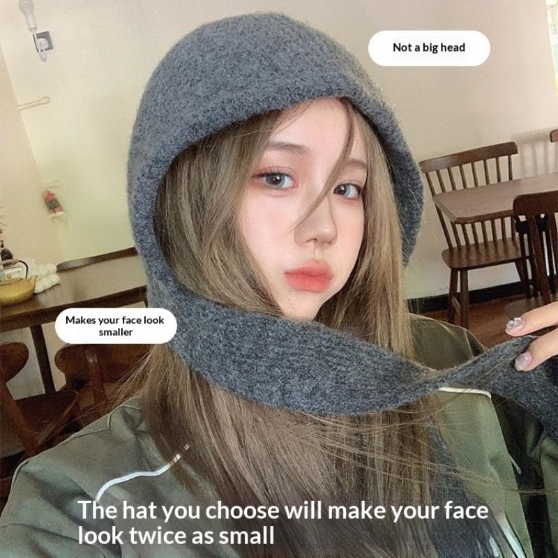 Balaclava Bonnet Women Skullies Beanies Hat Scarf 2-In-1 Thickened Warm Neck Protection Autumn Winter Accessories Knitted Law
