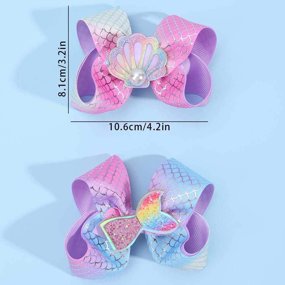 2Pcs Rainbow Mermaid Hair Clips Glitter Fish Tail Seashell Ribbon Barrette Summer Beach Party Hair Accessories For Girl Children