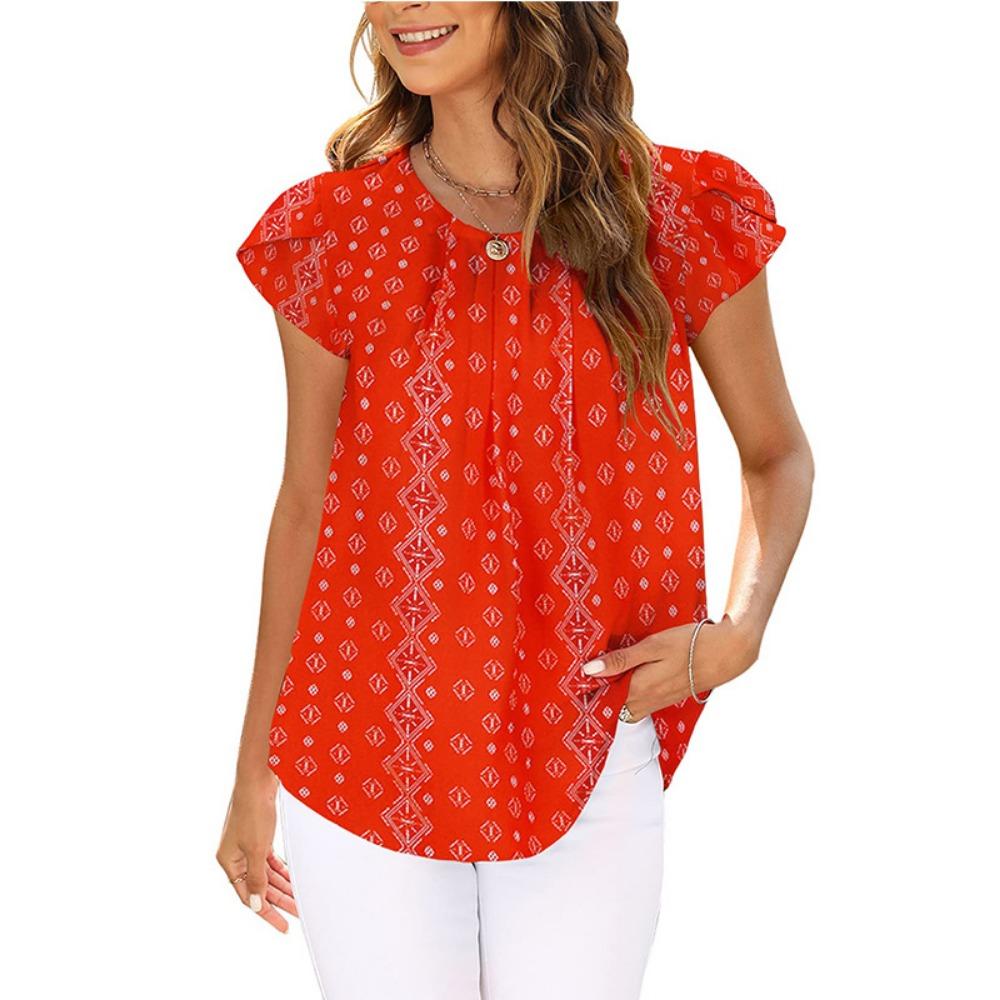 Women's Pleated Round Neck Petal Short Sleeve Loose Chiffon Top