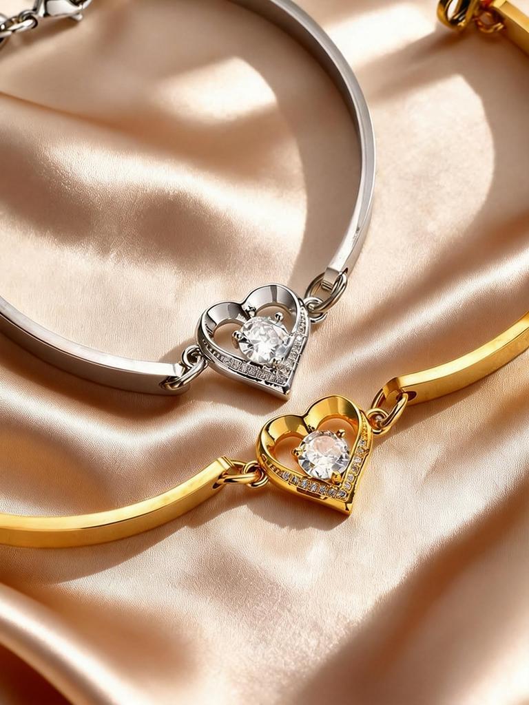 Dainty Love Heart Charm Bracelet for Women, Stainless Steel Zircon Adjustable Bangle, Fashion Exquisite Jewelry Gifts for Mom