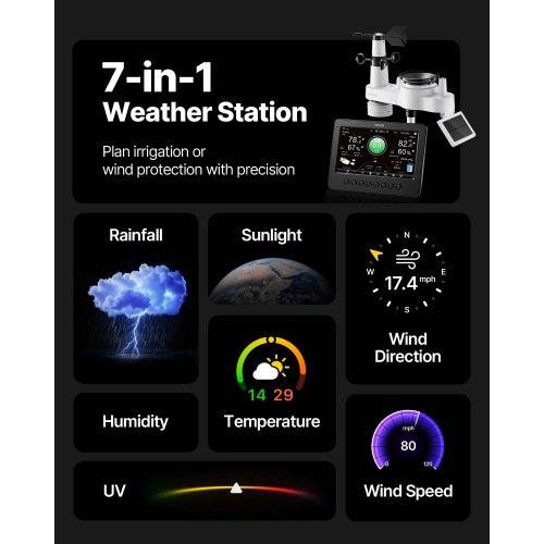 VEVOR 7-in-1 Wi-Fi Weather Station, 177.8 Mm TFT Display, Wireless Solar Powered Outdoor Sensor, Rain Gauge, Indoor Outdoor for Weather Forecast