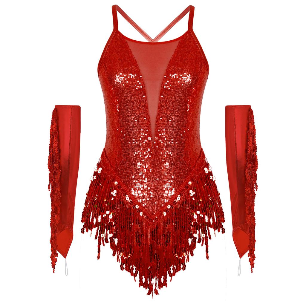 Damski Kostium na Występ Tańca Łacińskiego z Krzyżowym Tyłem Błyszczące Płatki Frędzle Body Metaliczne Rękawiczki