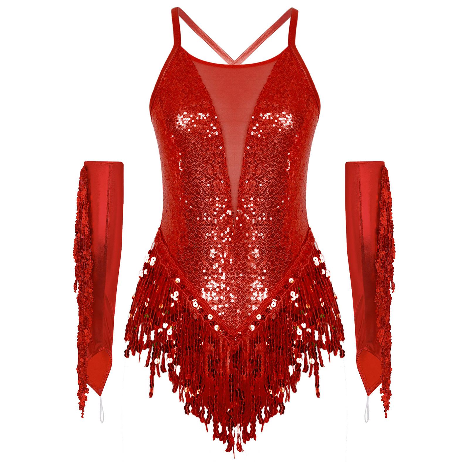 Costume da Esibizione Danza Latina da Donna Schiena Incrociata Paillettes Lucide Body Frangiato Nappa Guanti Metallici XXL rosso