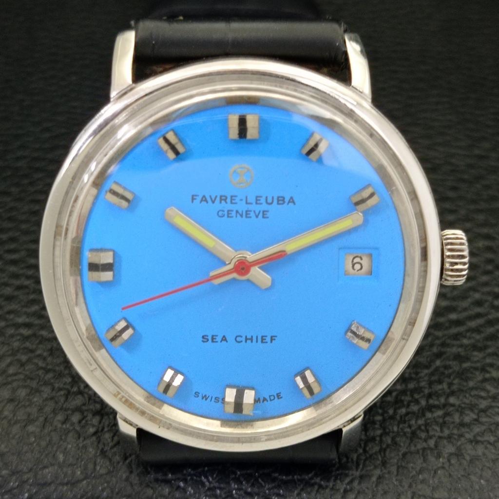 USED SWISS FAVRE LEUBA SEA CHIEF HAND-WINDING MENS SKY BLUE DIAL WATCH A432143-2 R110-a432143
