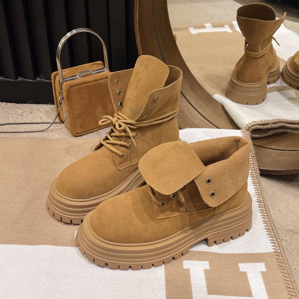 2025 new summer thick-soled lightweight short boots can be turned over front lace-up polished Martin boots versatile locomotive tooling women's boots