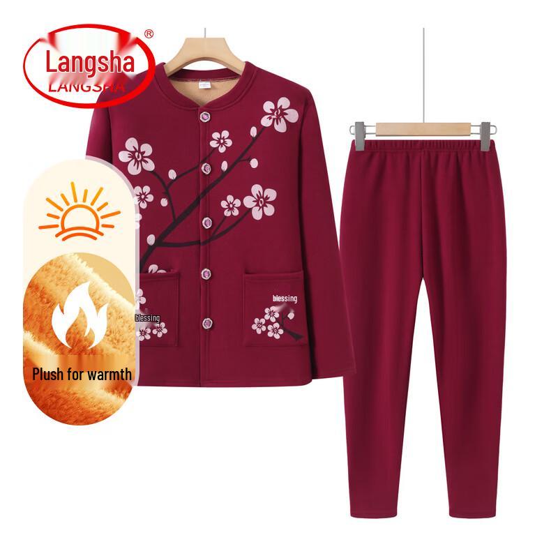 LangSha Women s Thickened Cardigan Thermal Underwear Set 2XL