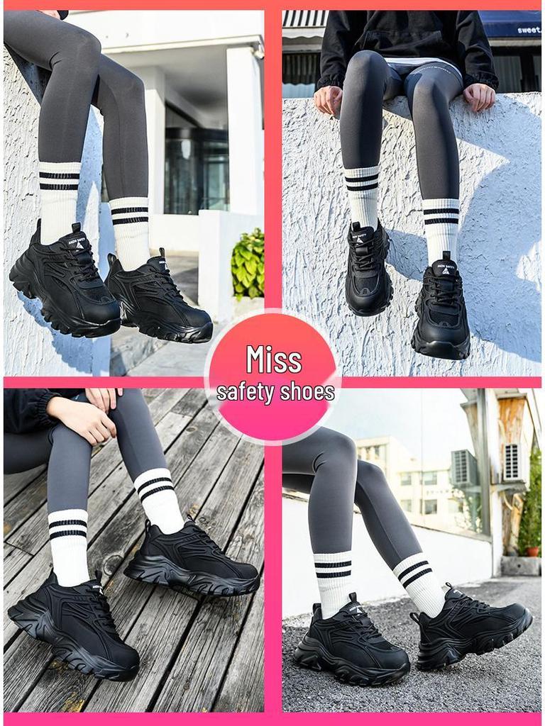 Dámská černá bezpečnostní obuv s ocelovou špičkou – Odolná proti nárazu, Odolná proti propíchnutí, Módní, Malé velikosti