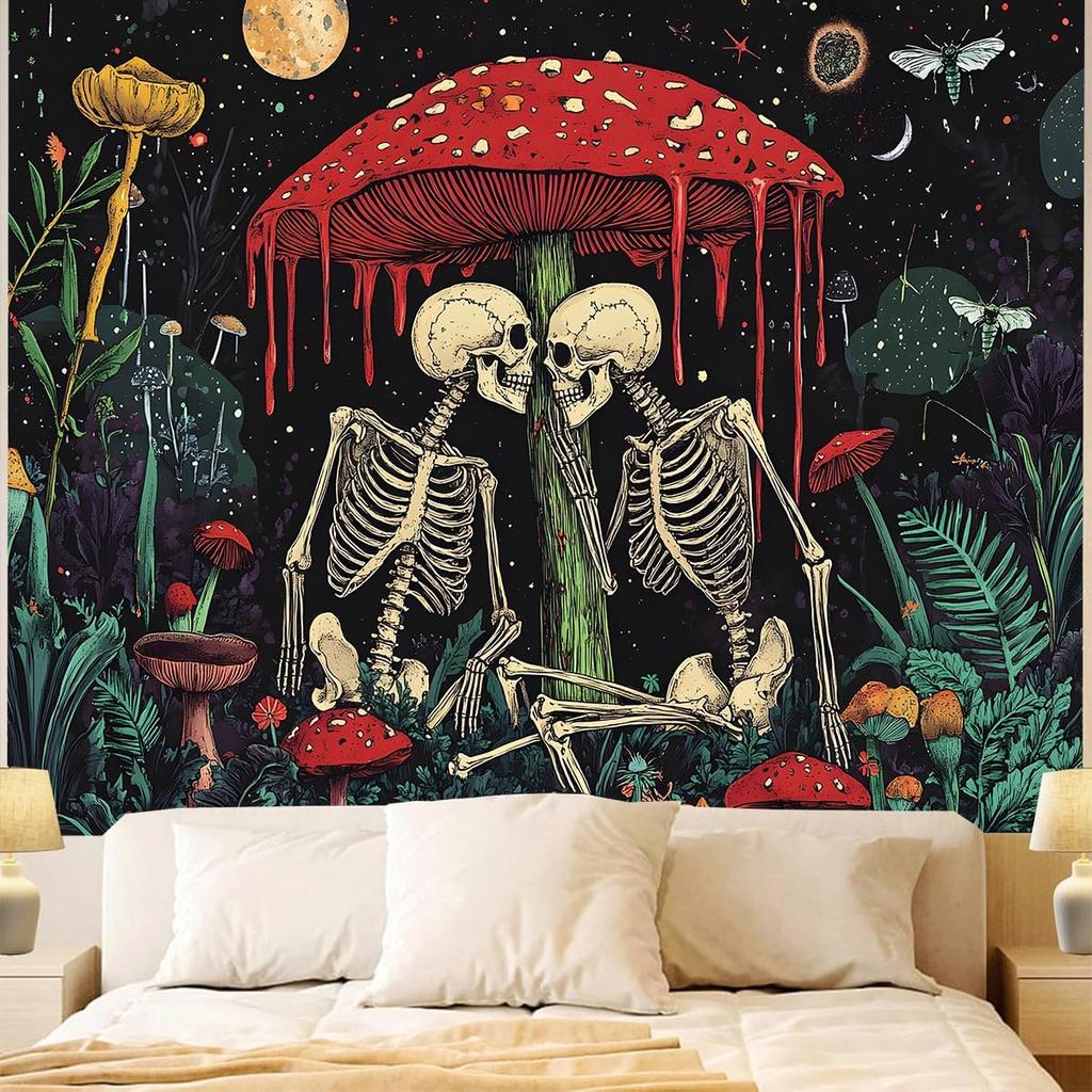 Cartoon Skull Floral Tapestry, Mushroom Leaves Skeleton Goth Garden Aesthetic Tapestries For Bedroom Game Room College