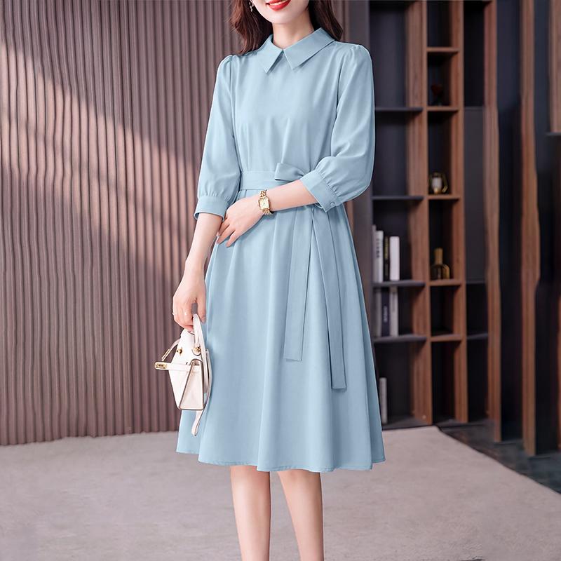 ZANZEA Women Casual Turn Down Collar Solid Color 3/4 Sleeve Loose Dress
