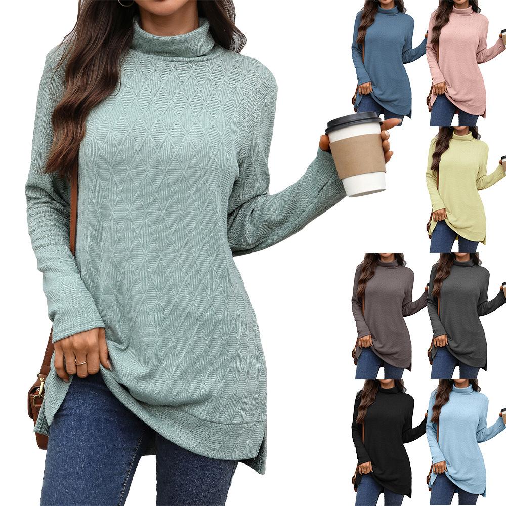 Women's Turtleneck Long Sleeve Tunic Top Loose Fit Side Split Solid Color Casual Pullover Autumn Winter Shirt