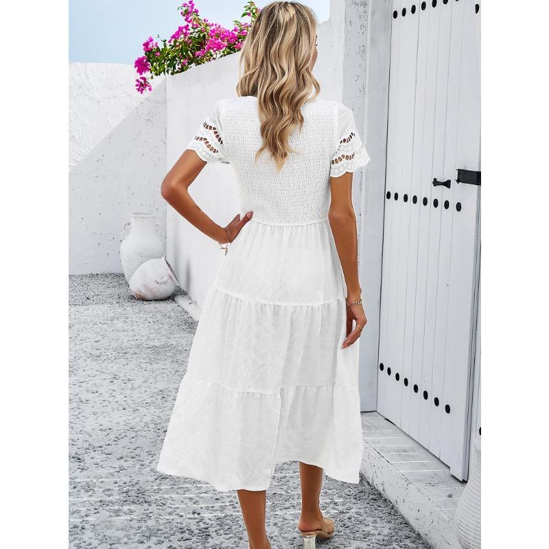 Women's Spring and Summer Temperament Solid Color Short-sleeved Hollowed Out Dresses