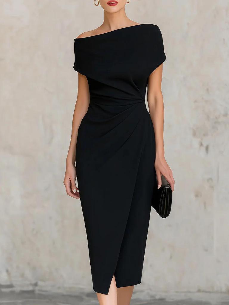 2026 European & American One-Shoulder Waist-Cinched Pleated Slit Evening Gown for Banquets & Commutes