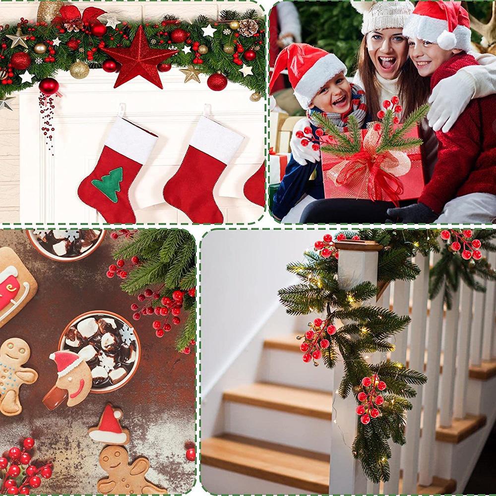 4Pcs Red Fruit+Leaves Christmas Decoration Artificial Pine Branches Holly Berries Red Berry Branches for Christmas Tree Wreath G