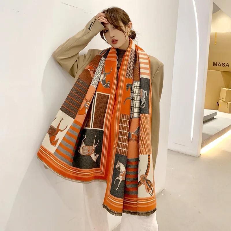 New Luxury Winter Cashmere Scarf Women Design Warm Pashmina Blanket Horse Scarves Female Shawl Wraps Thick Foulard Bufanda