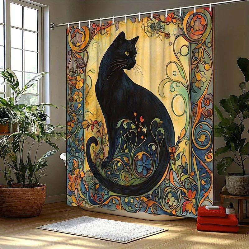 Mystical Black Cat Shower Curtain - Water-Resistant, Easy to Clean, Adds a Touch of Whimsy and Charm to Your Bathroom Decor
