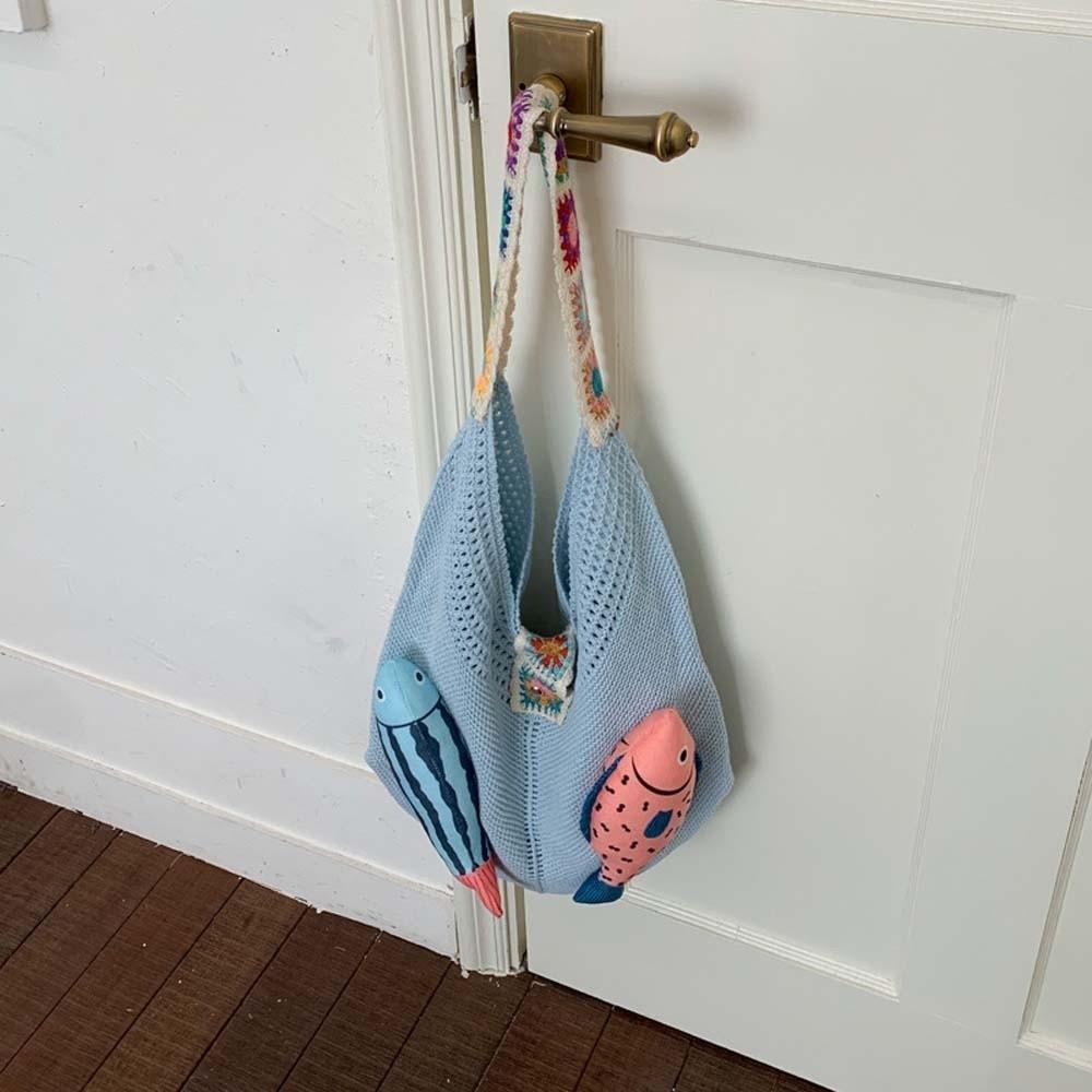 Fish Hollow Out Woven Bag Magnetic Buckle Tassels Beach Handbag Cotton Crochet Shoulder Bag  Beach