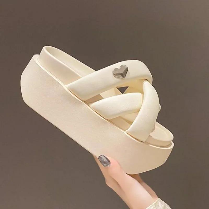 Été 2025 Sandales Chunky Femme Talons Compensés à Semelle Épaisse Mules Talons Hauts 8CM Plateforme Cuir Décontracté Plage Tongs Femme