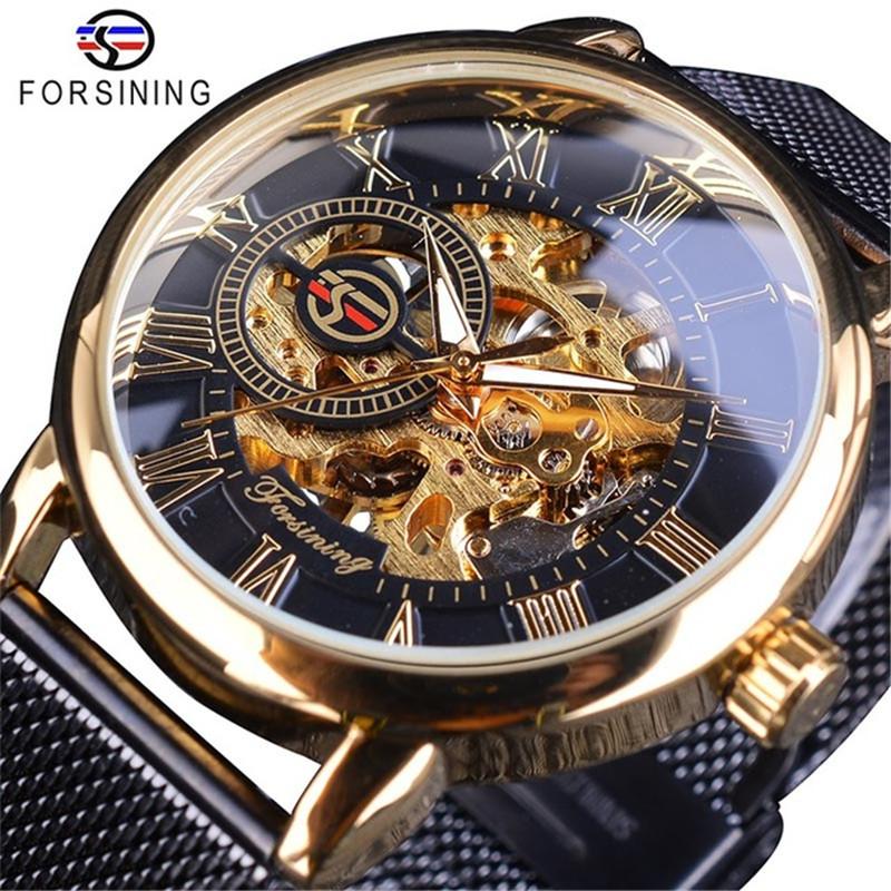 Forsining Ceas Bărbați Moda Ocazional Curea din plasă Hollow Gold Ceas mecanic manual GMT1040-8-A