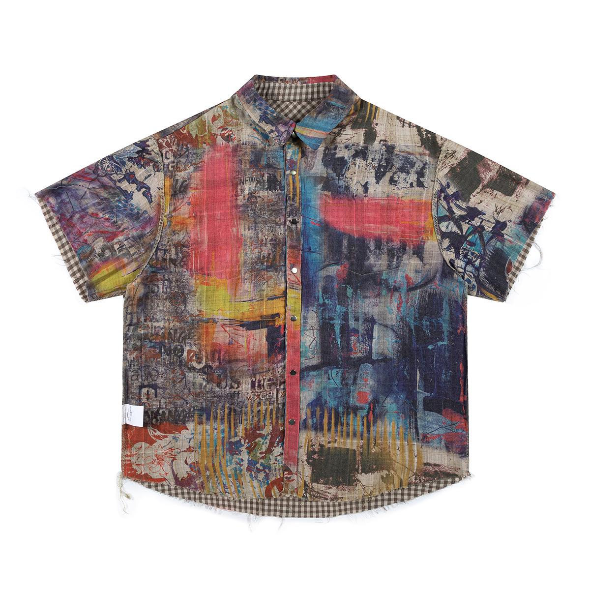 Men s Retro Beauty Trendy Graffiti Shirt Plaid Wearing Design Rough Edge Damaged Short Sleeve Shirt M
