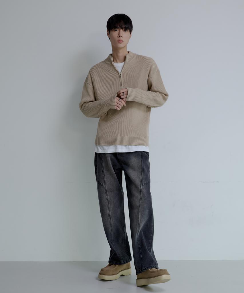 NODU Adn Daily Semi-Wide Cut-Out Washed Denim Jeans [Black]