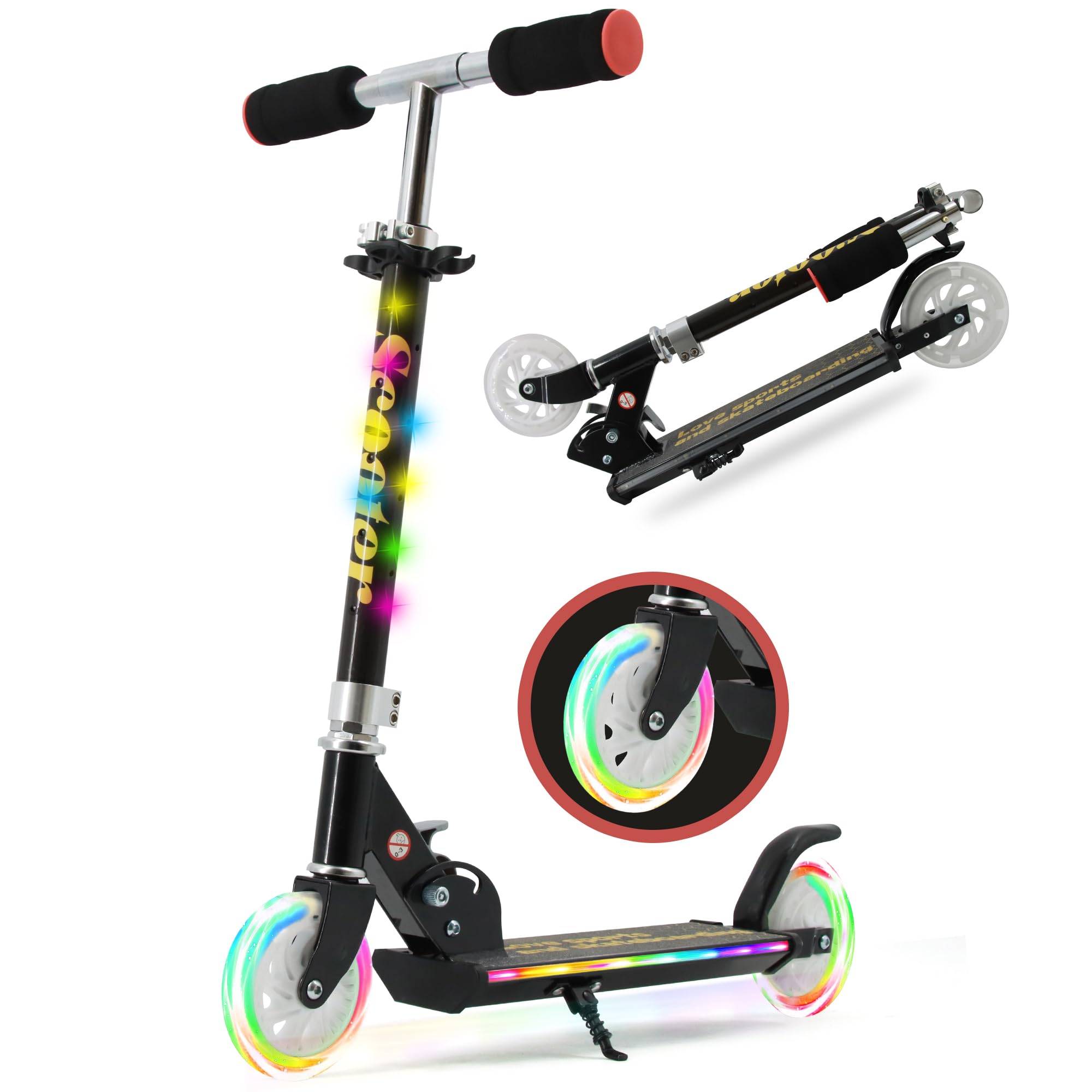 

Детский светодиодный самокат TENBOOM, складной двухколесный с регулируемой Т-образной ручкой, полиуретановые колеса 120 мм, задний тормоз и подножка (Возраст 3–12 лет)