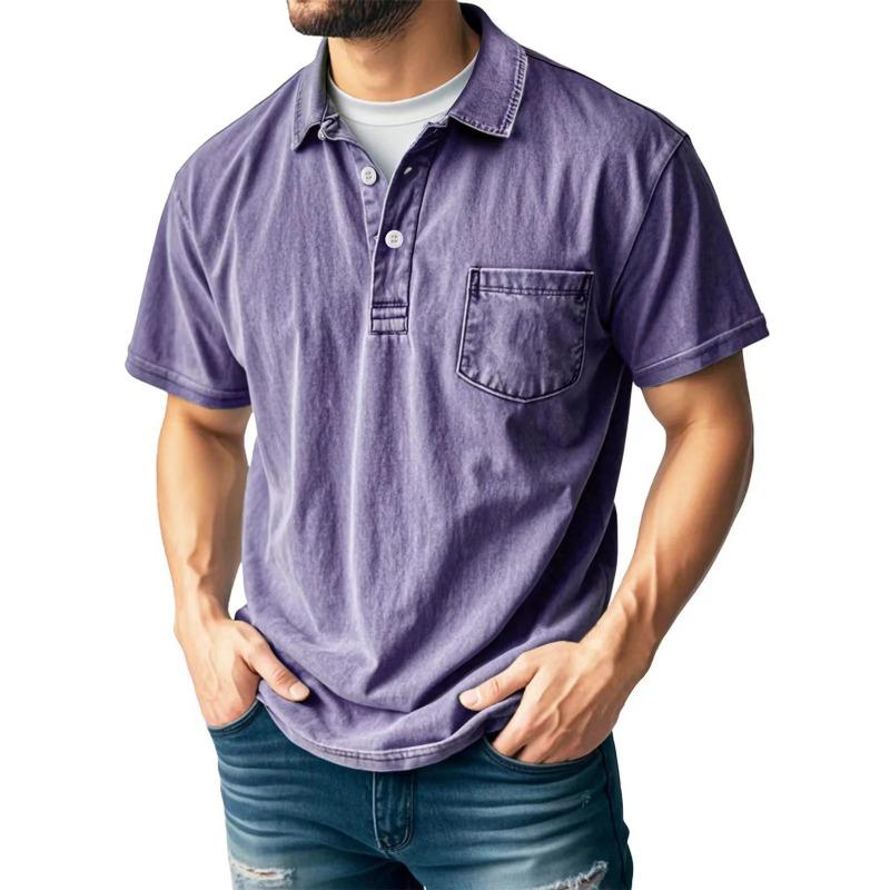 Mens Casual Washed Denim Short Sleeve Polo Shirt With Pocket