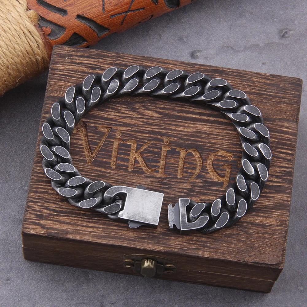 Never Fade Stainless Steel Vikings Bracelets For Men Blank Color Punk Curb Cuban Link Chain Bracelets with Gift Wooden Box