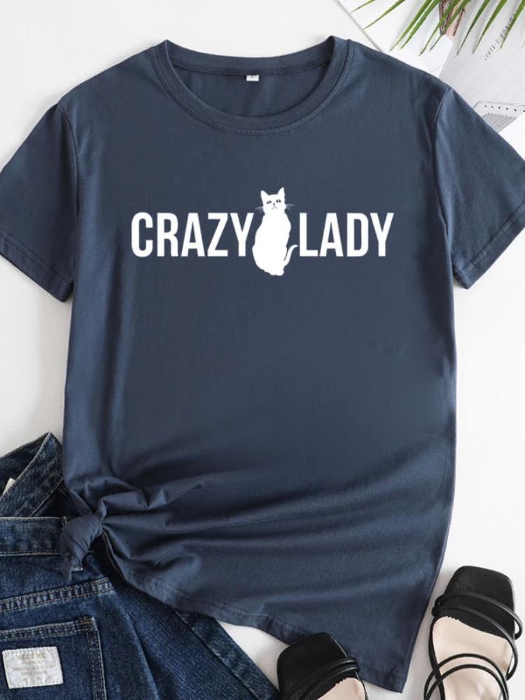 Crazy Lady Cat Print Women T Shirt Short Sleeve O Neck Loose Women Tshirt Ladies Tee Shirt Tops Camisetas Mujer