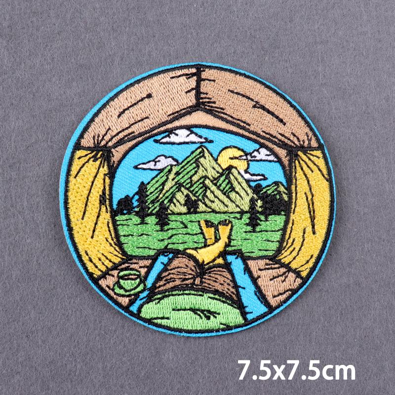 Outdoors Adventure Iron On Patches Sunrise Or Sunset Landscape Embroidery Patches For Clothes, Jeans, Jackets And Backpacks