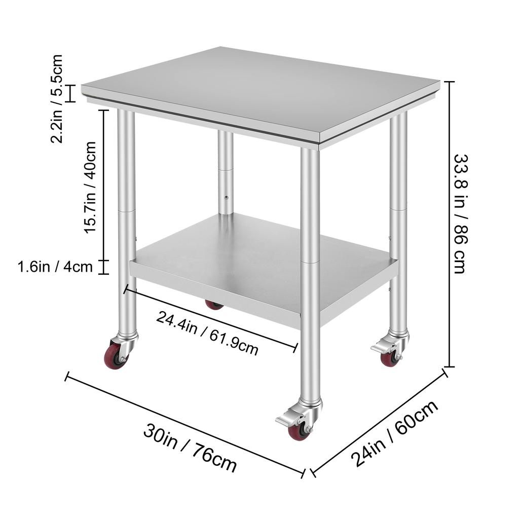 SucceBuy Stainless Steel Work Table with 4 Wheels 3 Adjustable Height Levels Heavy Duty Food Prep Worktable for Commercial Kitch