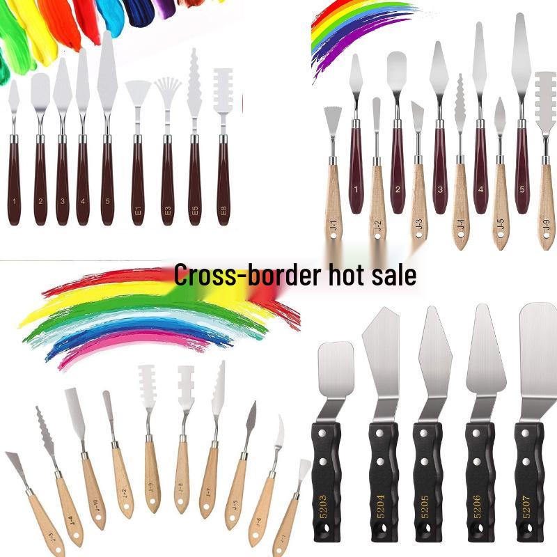 Stainless Steel Pigment Palette Knife Set for Oil Painting - Flat & Pointed Heads, Wooden Handles