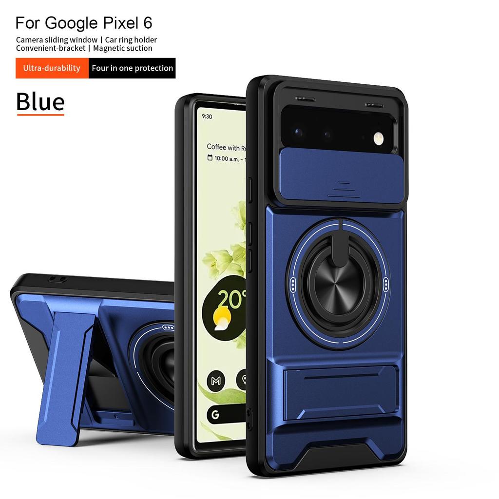 Slide Camera Cover Compatible for Google Pixel 6 Case With Built-in Ring Stand and Folding Stand